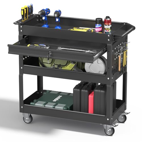 3 Tier Rolling Tool Cart with Drawers, 400 LBS Capacity Mechanic Tool Cart on Wheels, Heavy Duty Utility Cart with Pegboard, Metal Work Cart for Garage and Repair Shop, Matte Black - color: Black
