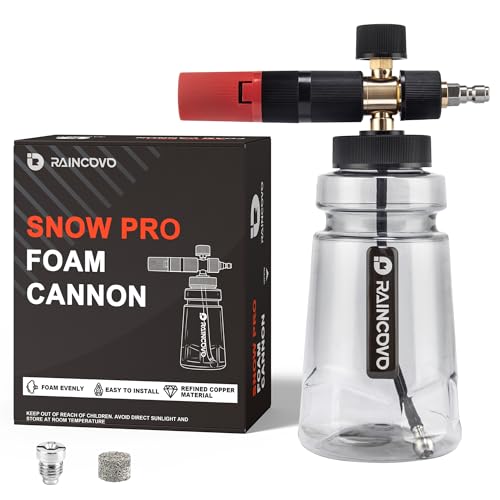 Raincovo Foam Cannon Wide Mouth for Pressure Washer, Thick Snow Foam Lance for Car Wash, Adjustable Soap Cannon with 1/4 Inch Quick Connector, Additional 1.1mm Orifice Nozzle