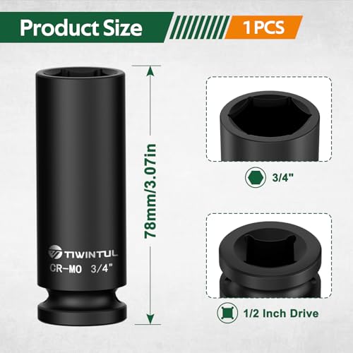 3/4" Deep Impact Socket 1/2 Inch Drive for Hub Nuts & Wheel Bearings | CR-MO Steel Impact Socket, 3.07" Length, 6 Point Design, SAE Socket for Automotive and Agricultural Equipment Maintenance - size: 3/4" (Deep)