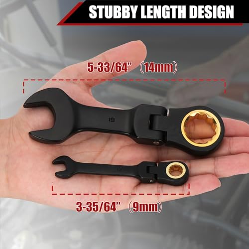 Mayouko 24PCS Stubby Flex Head&Regular Ratcheting Combination Wrench Set, Standard in SAE 1/4"-7/8" & Stubby in Metric 6-22mm, 12 Point, 72 Tooth, Cr-V Steel with Black Chrome Finish