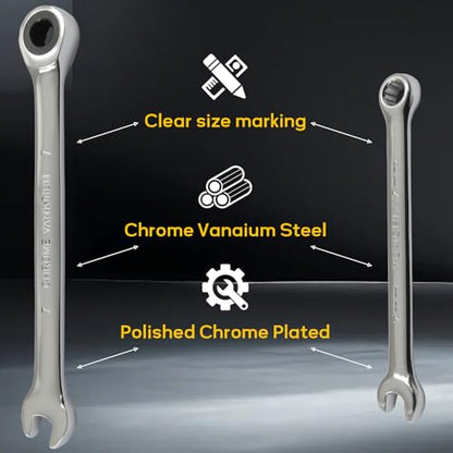 7mm Ratcheting Wrench 2 Pcs 72-Tooth 12-Point Chrome Plated | Forged 45# Carbon Steel Durable, 5-Degree Arc For Tight Spaces, 12-Point Protects Fasteners, Polished Chrome Anti-Rust - size: 7mm