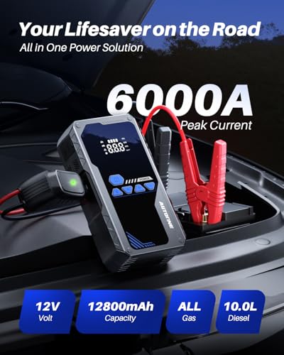 AUTOONE 6000A Jump Starter with Air Compressor (All Gas/10L Diesel), 150PSI Car Jumper Starter Portable, Jump Box Tire Inflator with LED Flashlight, LCD Display, Storage Case - size: With Inflator 6000A