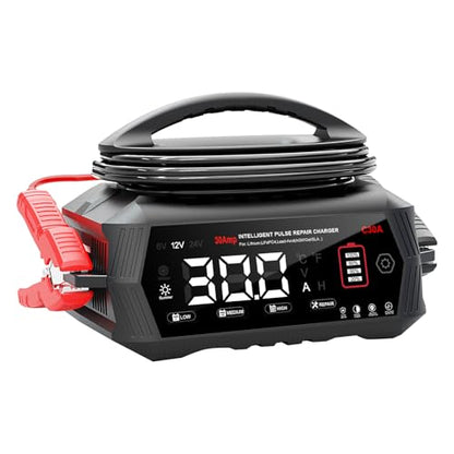 30-Amp Battery Charger for Lithium LiFePo4 Lead Acid Deep Cycle (AGM/Gel), 6V/12V/24V Battery Charger & Maintainer, Trickle Charger for Car Truck Motorcycle Lawn Mower Marine