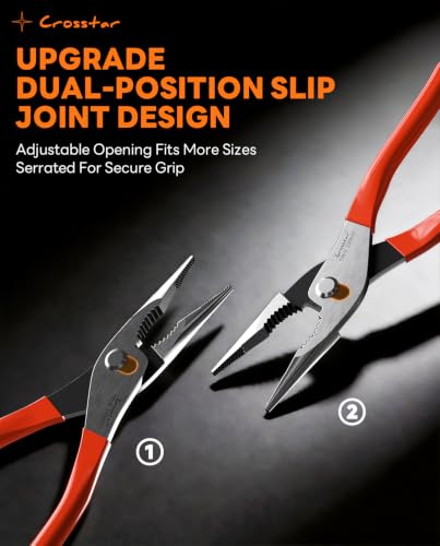 Crosstar 9-Inch Long Nose Slip Joint Pliers, CR-V Steel Needle Nose Pliers with 2-Position Adjustable Jaw, Self-Returning Spring & 2-Zone Serrated Jaw for Clamping, Tightening and Loosening