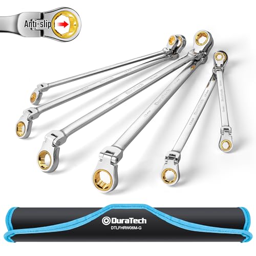 DURATECH Extra Long Anti-Slip Flex-Head Ratcheting Wrench Set, Metric | Double Box End Wrench Set, CR-V Steel, 8x9mm, 10x11mm, 12x13mm, 14x15mm, 16x18mm, 17x19mm, with Pouch - size: 8-19mm set
