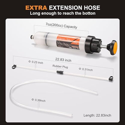 FOUR UNCLES Fluid Transfer Syringe with Flexible Hose for Oil Service | Cleaner Fluid Service, Flexible Reach Design, Precise Transfer Control, Reduce Spills, DIY Garage Essential - size: 200cc(58cm hose)