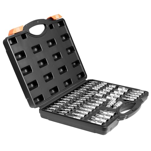 VEVOR Torx Bit Socket and External Torx Socket Set, 60-Piece T6-T70, TT6-TT70, TP8-TP60, E4-E24, S2 Alloy Steel and Cr-V Steel, 1/4 in, 3/8 in, and 1/2 in Drives, with Enhanced Storage Case, Hand Use - style: 60 PCS Torx & E-Torx