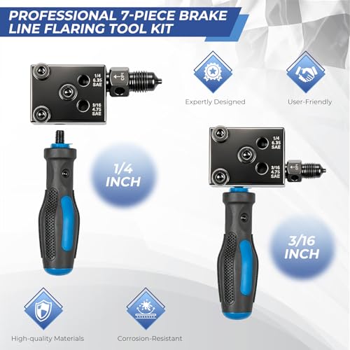 Professional 7-Piece Brake Line Flaring Tool Kit for 3/16″ & 1/4″ SAE Double Flare and 45° Single & Bubble Flares