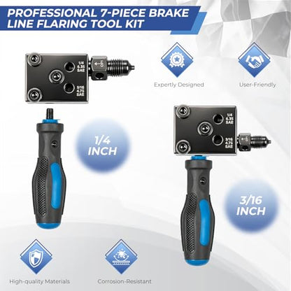 Professional 7-Piece Brake Line Flaring Tool Kit for 3/16″ & 1/4″ SAE Double Flare and 45° Single & Bubble Flares