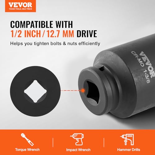VEVOR Axle Nut Impact Socket Set - 1/2" Drive Deep 6-Point 8-Piece SAE Spindle Nut Socket CR-MO Heat Treated Large Socket Set with Storage Case for Auto Repair, Removing or Installing Axle Nuts - style: 1/2" 8PCS CR-MO