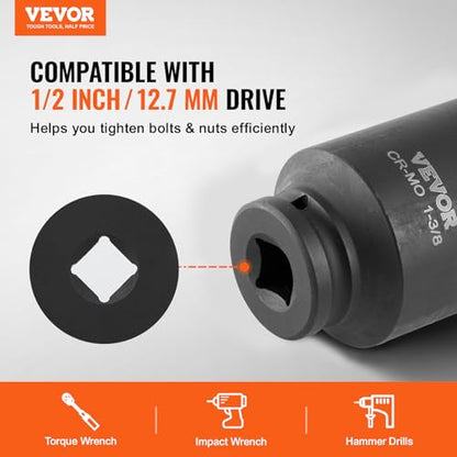 VEVOR Axle Nut Impact Socket Set - 1/2" Drive Deep 6-Point 8-Piece SAE Spindle Nut Socket CR-MO Heat Treated Large Socket Set with Storage Case for Auto Repair, Removing or Installing Axle Nuts - style: 1/2" 8PCS CR-MO