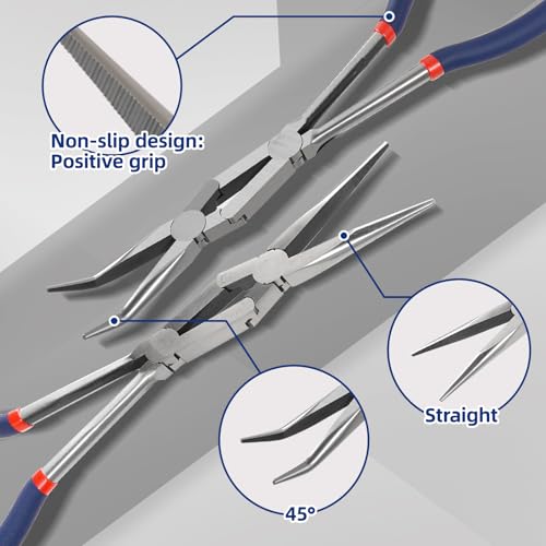 13” Long Needle Nose Pliers Set, Double Rivet, Knurled Jaws, Bent 45°and Straight Needle Nose, 2-Piece, Extended Reach for Tight Spaces (2-Piece（Straight +45°）)