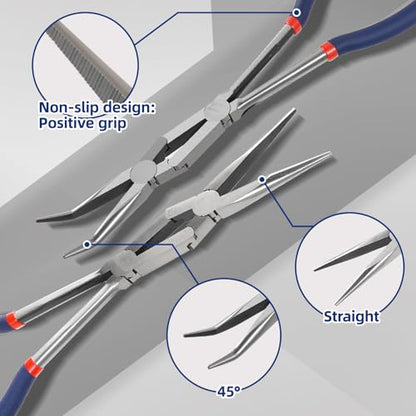 13” Long Needle Nose Pliers Set, Double Rivet, Knurled Jaws, Bent 45°and Straight Needle Nose, 2-Piece, Extended Reach for Tight Spaces (2-Piece（Straight +45°）)