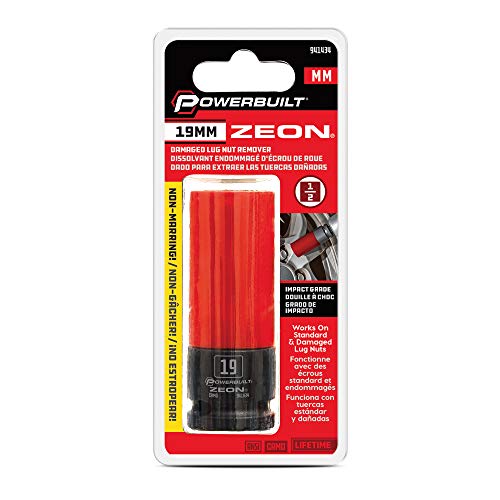 Powerbuilt 19mm Zeon Lug Nut Socket, 1/2" Drive – Impact Rated Chromoly Steel for Damaged & Rounded Lug Nuts, Patented Design Grips up to 85% Rounded, Includes Protective Wheel Saver Sleeve - 941434M - size: 19 mm