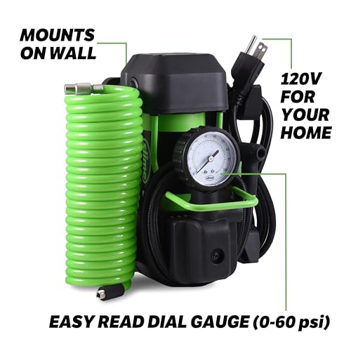 Slime 40045 Home Tire Inflator, Wall Mounted 120V, SUV, 4x4 Air Compressor, Heavy Duty, 2X Pro Power, with Analog 100 psi Dial Gauge, Long Hose and LED Light, 4 min Inflation - style: Pro Power, Wall Mounted