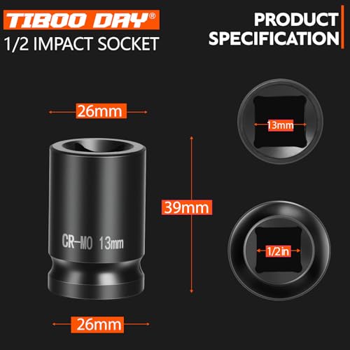 1/2" Drive 13mm Impact Socket Metric Standard Impact Socket Blackening Finish 4 Point Square Socket made with Chrome Molybdenum Alloy Steel for Auto Repair Mechanical Maintenance Removal of Axle Nut - size: 13mm - 4pt, style: 1/2" Drive Standard Socket