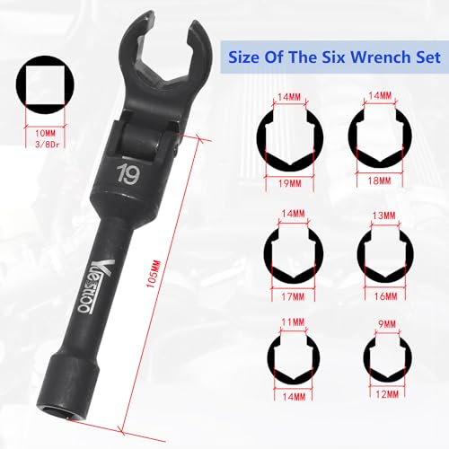 6PCS Long Flex Head Crows Foot Line Wrench Set with 3/8" Drive, Diesel Injector Fuel Line Sockets Wrench Set, Metric Crowfoot Wrenches for 12/14/16/17/18/19mm Nuts with 180° Flexible Head - size: 6pcs