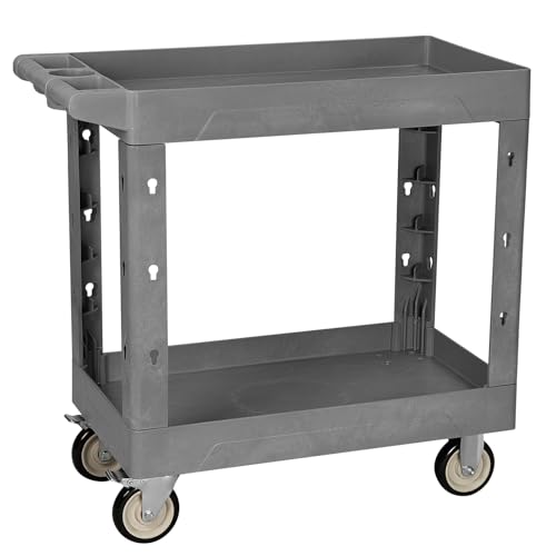 2-Shelf Heavy Duty Utility Cart with Wheels, 34 x 17-Inch Plastic Rolling Tool Cart, 550 lbs Capacity Mechanic Work Cart for Garage,Warehouse,Workshop - color: Gray, size: Deep Shelf 34 x 17 Inch