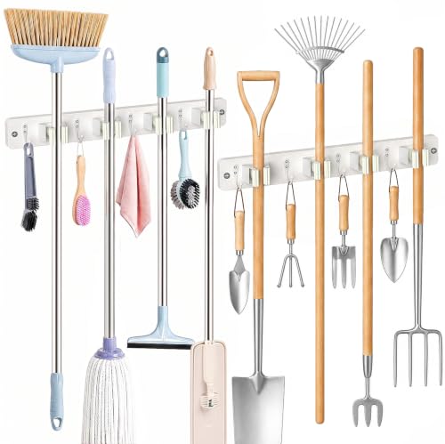 Broom Holder Wall Mounted, 2 Pack White 4 Holders and 4 Hooks Mop Holder, Wooden Mop and Broom Holder with Anti slip rubber, Natural pine wood Brush Holder, Mop Wall Holder with Nail installation | Mop Holder Wall Mount and Broom Hanger for Garage, Laundr