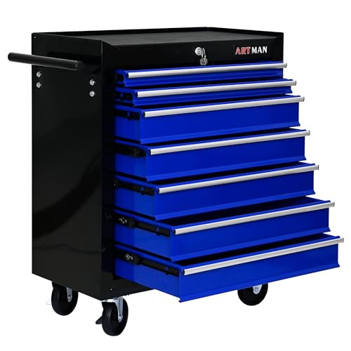 Rolling Tool Chest with 7-Drawer Tool Box with Wheels Multifunctional Tool Cart Mechanic Tool Storage Cabinet for Garage, Warehouse, Workshop, Repair Shop (Black & Blue) - color: Black & Blue