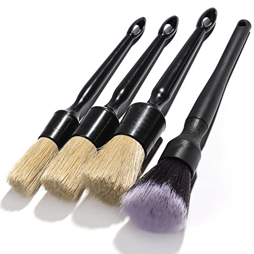 Car Detailing Brush Soft Boars Hair, 4PCS Auto Detail Dust Brushes, Perfect for Washing Dusting Automotive Interior Upholstery Interior Emblems, Air Vent, Vehicle Seat, Cleaning Exterior Grille Wheel