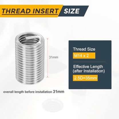 HARFINGTON 20pcs Wire Thread Repair Inserts M14 x 2 x 3D (42mm) Metric 304H Stainless Steel Helical Coiled Wire Screw Threaded Sleeve Sheath for Automotive Repairs - size: M14 x 2 x 3D