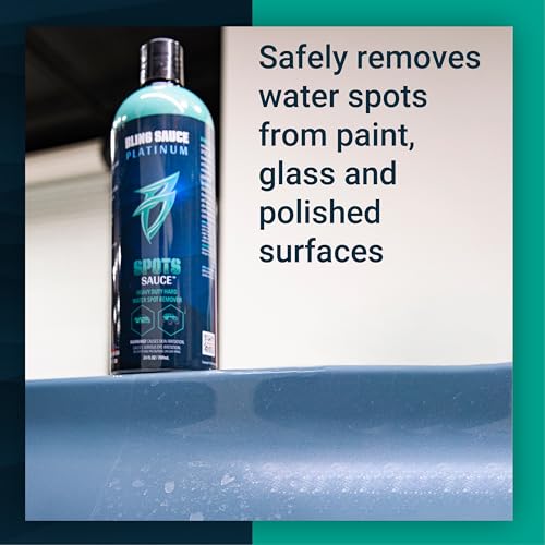 Bling Sauce Platinum Spots Sauce, Heavy-Duty Hard Water Spot Remover for Cars, Trucks, SUVs, 24oz. | Heavy duty mineral deposit remover clings to glass, chrome, paint and polished metal to dissolve hard water spots safely - style: Spots Sauce