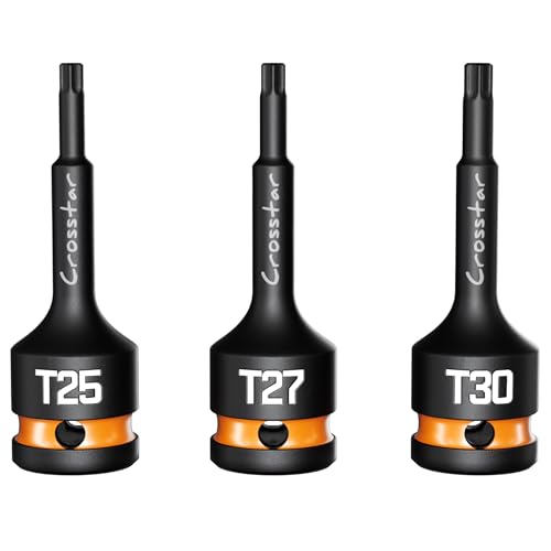 Crosstar T25 T27 T30 Impact Torx Bit Socket Set, 1/2" Drive Cr-Mo Steel, Long High Impact Star Sockets for Automotive & Heavy-Duty Use, Professional Mechanic Tools with Transparent Case - size: T25T27T30 (Long)