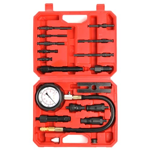 Yonligonju 17pc Diesel Engine Compression Tester Kit, Diesel Compression Tester Cylinder Pressure Gauge for Diesel Cars and Trucks(red) - color: red