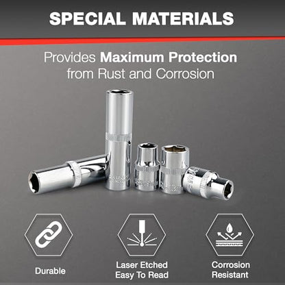 EACELIY 44pcs 3/8" Drive Impact Socket Set,Drive Master Socket Set,SAE/Metric, Deep & Shallow with 3/8" Drive Head Ratchet,Universal Joint,Extension bar (3” & 6”),6 Point,CR-V Steel，Mirror Chrome - size: 44PCS 3/8inch