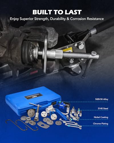 OMT 34pc Master Brake Caliper Tool Kit with 11 Adapters and Line Cutter | 1045 and 50BV30 Steel; Nickel Chrome Plating; Piston Compressor Set for Mechanics; Swivel Pad Spreader; Brake Maintenance