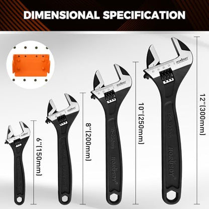 HORUSDY 4-Piece Adjustable Wrench Set With 4-Piece Magnetic Wrench Organizer Racks, 6" 8" 10" Wide Jaw Black Oxide Wrenches with Tool Roll Pouch, Metric&SAE Scales, CR-V Steel for Home Garage Workshop - style: 4 Wide Jaw Wrenches + 4 Magnetic Racks