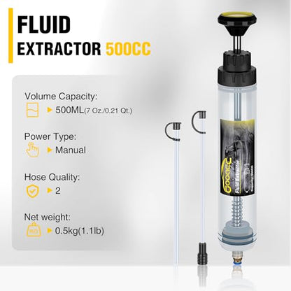 GOOACC Oil Extractor Pump, 500CC Fluid Extractor Automotive Manual Fuel Suction & Filler Pump with Extension Hose Syringe Vacuum Pump, Brake Fluid Extractor for Oil Change Extraction Transfer (500ml) - size: 500CC Manual