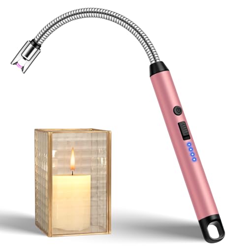 LcFun Candle Lighter with 360° Flexible Neck & Safety Lock, Windproof USB Rechargeable Electric Lighter Gift Sets, Flameless Arc Long Lighters Matches for Grill, BBQ, Camping, Fireplace, Stove - color: Rose Gold