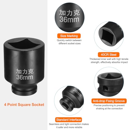 HARFINGTON 4 Point Square Socket 3/4" Drive by 36mm Metric Square Impact Socket 40CR Blackening Standard Wheel Sockets Pneumatic Socket Tool for Auto Repair Mechanical Maintenance Home Use - size: 36mm