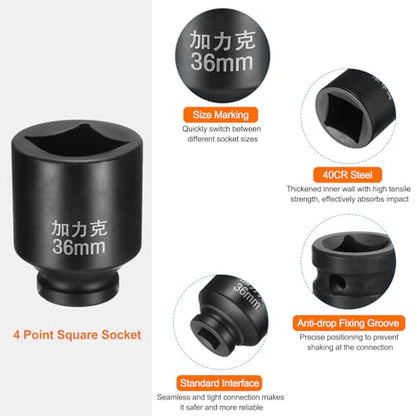 HARFINGTON 2pcs 4 Point Square Socket 3/4" Drive by 36mm Metric Square Impact Socket 40CR Blackening Standard Wheel Sockets Pneumatic Socket for Auto Repair Mechanical Maintenance Home Use - size: 36mm