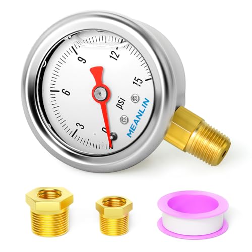 MEANLIN MEASURE 0~15Psi Stainless Steel 1/8" NPT 1.5" FACE DIAL, Glycerin Filled Pressure Gauge, Liquid Filled, Water Oil Air, Lower Mount, with 1/4" NPT and 3/8" NPT Hex Bushing - size: 0-15Psi