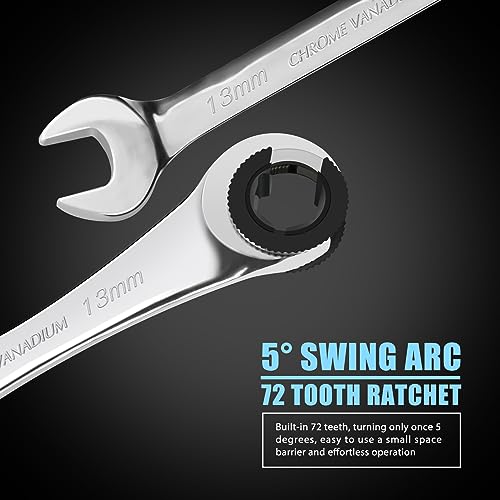 LOSCHEN 12pcs/set 8-19mm Metric Ratcheting Wrench Combination Wrench Set with 72 Teeth, Chrome Vanadium Steel Tubing Ratchet Spanner（US and European Patents） - size: Metric set/12pcs