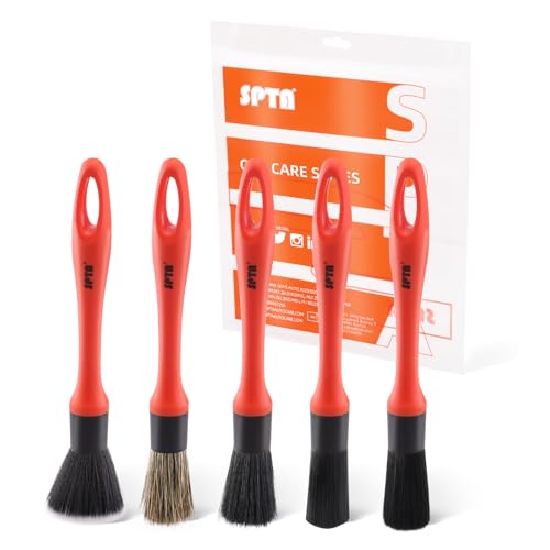 SPTA Car Detailing Brush Set, 5 Pack Soft Mixed Hair Auto Detail Brush Kit No Scratch for Automotive Elegant Surface Interior Exterior Dashboard Emblems Panels Engine Bay Wheels Air Vent Seat Leather - color: Car Detail Brush Set 5