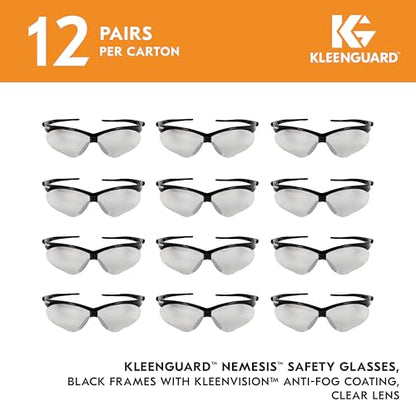 KleenGuard™ V30 Nemesis™ Safety Glasses (25679), with KleenVision™ Anti-Fog Coating, Clear Lenses, Black Frame, Unisex for Men and Women (Qty 12)
