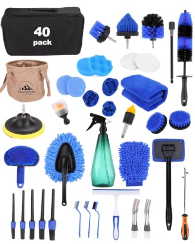 Car Detailing Kit 40PCS, Car Cleaning Kit with Detailing Brush Set, Car Wash Kit Interior Exterior Wheels Tire Tools, Auto Detailing Supplies with Bucket Towels Drill Brushes Storage Bag