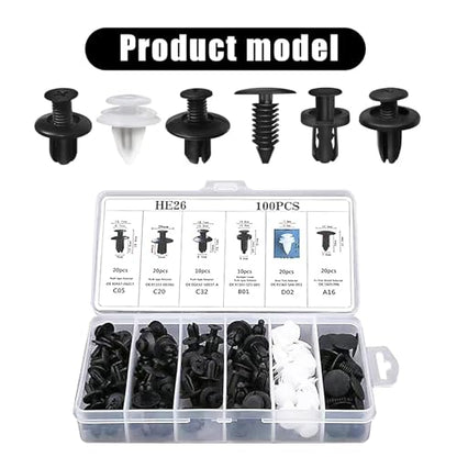 gunhunt 100 PCS Car Bumper Bolt Fastener Set, 6 Types of Door Panel Push Retainer Replacement HE26 with 6" Removal Tool, Bumper Push Retainer Clip Rivet Kit, Universal for Most Cars (White & Black)