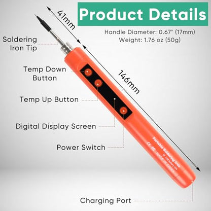 Cordless Soldering Iron Kit, 1100mAh Rechargeable USB-C Soldering Pen with LCD Screen, Portable Battery Powered Solder Iron for Electronics Repair, DIY Projects