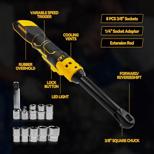 3/8" Cordless Ratchet Wrench for Dewalt 20V MAX Batteries, 80 Nm Electric Power Ratchet with 6-Inch Extended Neck, 320 RPM,LED Light & 8-Piece Metric Socket Set (For Dewalt 20V Battery)