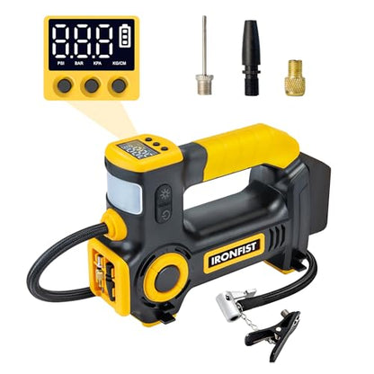 IRONFIST Tire Inflator Compatible with DEWALT 20V Battery, Portable Air Compressor, Auto Tire Pump with Independent Switch & Warning Light, for Cars, Bicycles, and Sports Balls (BATTERY NOT INCLUDED)