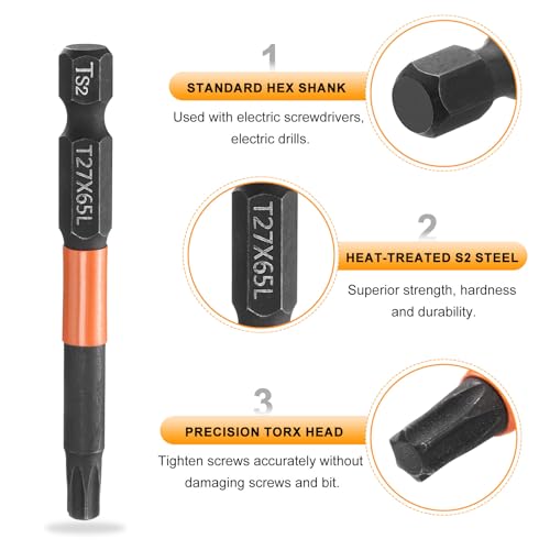 HARFINGTON 3pcs T27 Torx Head Screwdriver Bit 2.56" (65mm) Long 1/4" Hex Shank Magnetic No Hole Tamper Proof 6 Point Star Screw Driver Drill Bits Phosphate S2 Steel Industrial Power Tools - size: T27