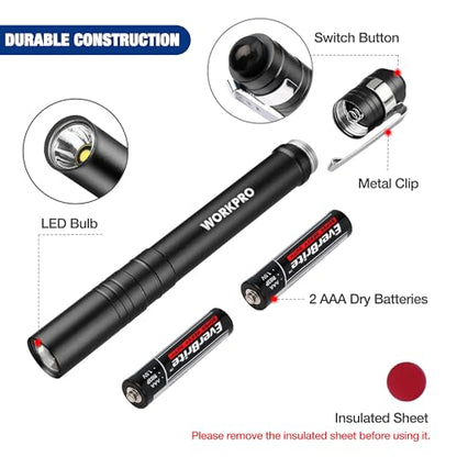 WORKPRO LED Pen Light, Aluminum Pen Flashlights, Pocket Flashlight with Clip for Inspection, Emergency, Everyday, Black(4-Pack) - color: Black
