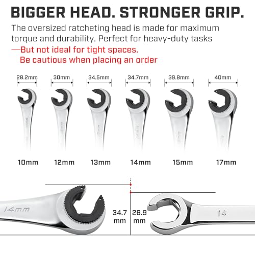 ironcube Brake Line Wrench Set: 6 Pcs Metric 10-17mm - Ratcheting Open-end for Nuts on Fuel, Brake or Air Conditioning Lines - size: 10-17mm