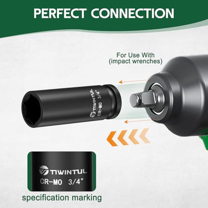 3/4" Deep Impact Socket 1/2 Inch Drive for Hub Nuts & Wheel Bearings | CR-MO Steel Impact Socket, 3.07" Length, 6 Point Design, SAE Socket for Automotive and Agricultural Equipment Maintenance - size: 3/4" (Deep)