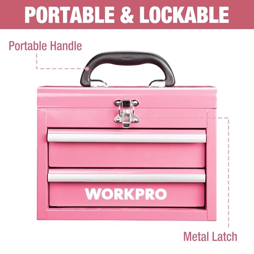 WORKPRO Portable Mini Tool Box, 2 Drawers Metal Tool Chest with Ball Bearing Slides, Top Storage with Latch, Ergonomic Carrying Handle, Toolbox with PVC Liners and PP Feet Pads - Pink Ribbon - color: Pink